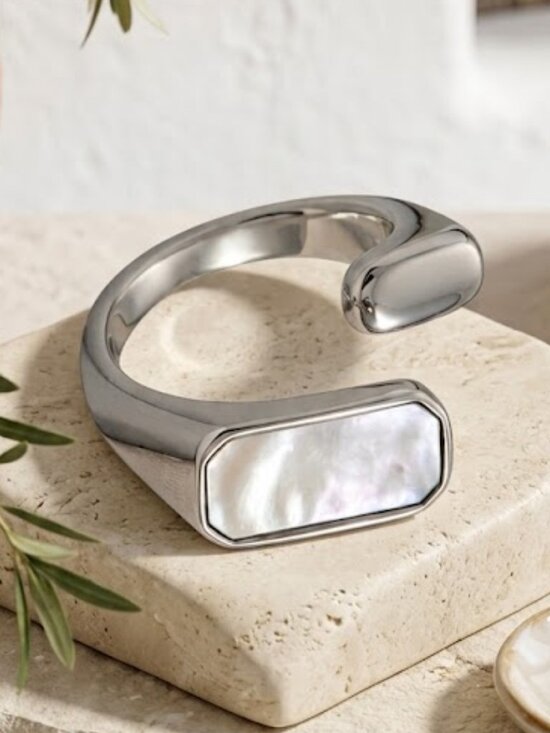 NKULTD Jewelry - 18K White Gold Plated Mother of Pearl Signet Ring Modern Geometric Adj 5-10